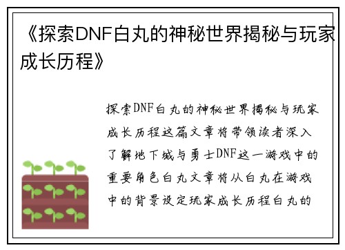 《探索DNF白丸的神秘世界揭秘与玩家成长历程》